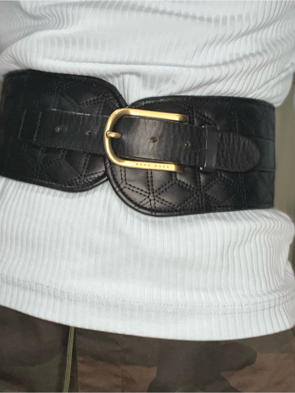 Vintage Hugo Boss Black Quilted Wide Leather Waist Belt with Gold Buckle